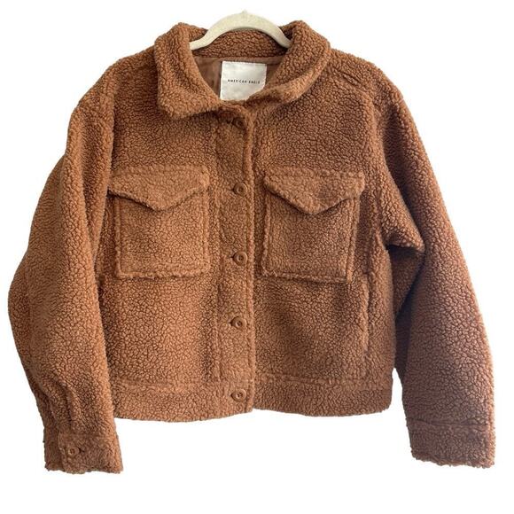 NWOT American Eagle Cropped Teddy Sherpa Jacket Brown Size XS - Picture 3 of 8